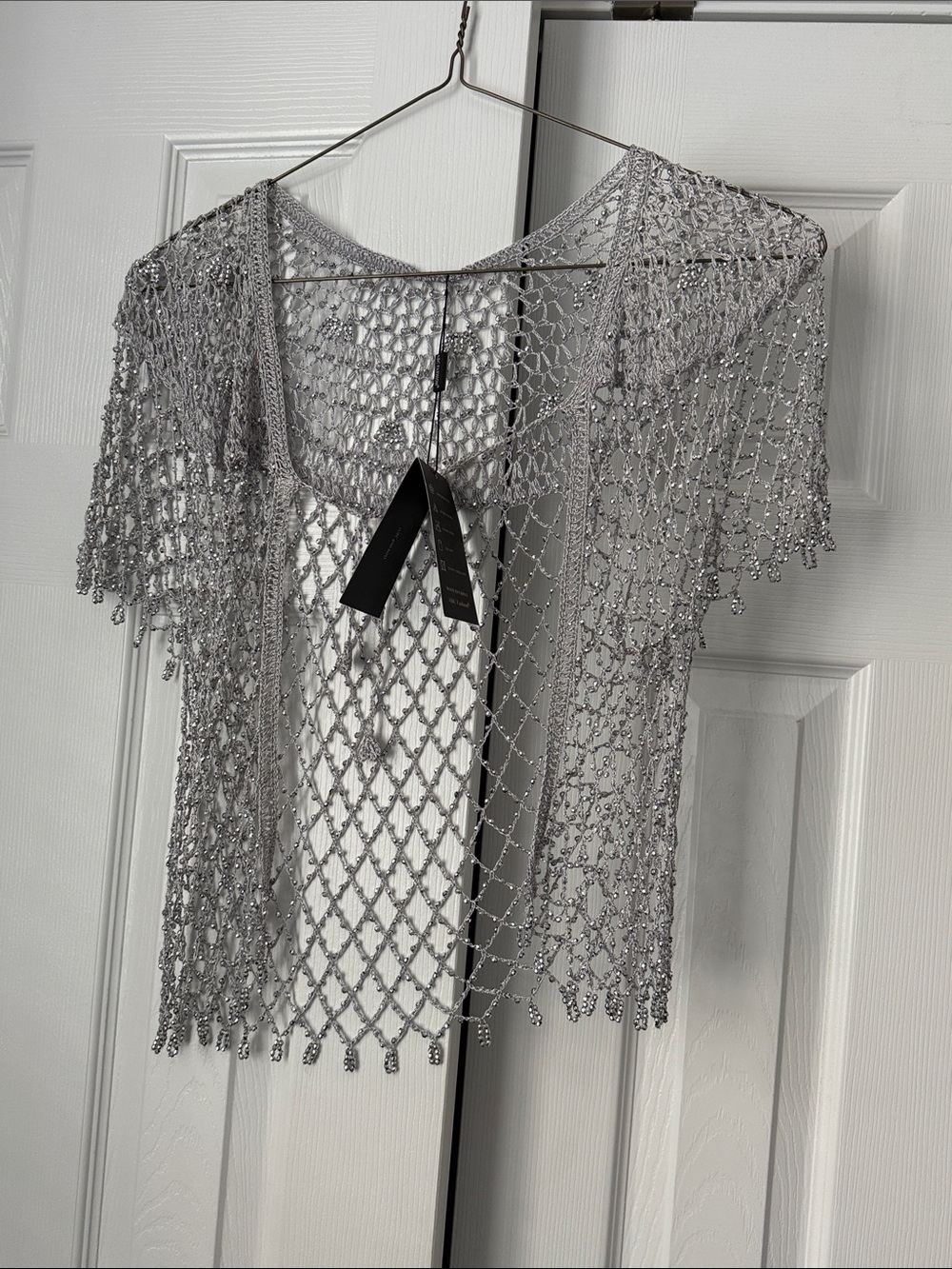 Silver Beaded Crochet Short-Sleeve shrug.